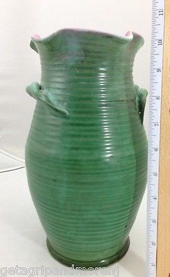 1920's Weller Fleron Vase 10 1/2" Green with Twisted Rope Handles