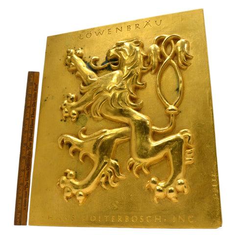 Vintage COPPER-BRASS/BRONZE PLAQUE Rare 'LOWENBRAU RAMPANT LION' Signed "GOETZ"