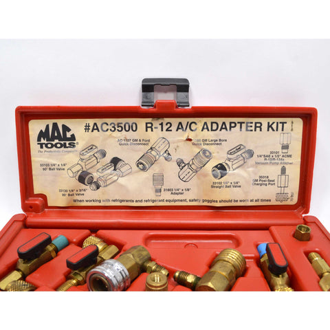 Briefly Used MAC TOOLS "PRO-SET R-12 A/C ADAPTER KIT" #AC3500 Complete in Case