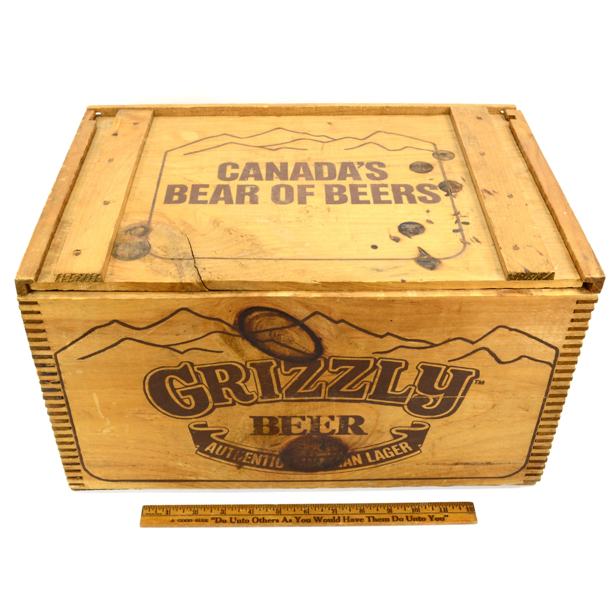 Vintage GRIZZLY BEER CRATE Canadian SLIDE-TOP WOOD BOX Rare