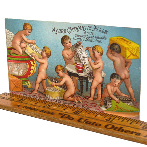 Antique Advertising MEDICINE TRADE CARD "AYER'S CATHARTIC PILLS" 7 Naked Babies