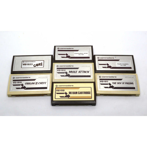 Vintage COMMODORE GAME CARTRIDGE LOT 7 Games; 8K RAM Tooth Invaders GORF Artist+