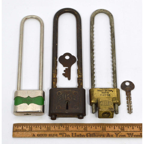 VTG/Antique BICYCLE PADLOCK Lot of 3 Old Cycling Locks CORBIN GlobeMaster "BIKE"