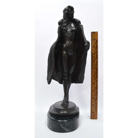 Signed! BRONZE STATUE on Marble Base NUDE WOMAN w/ OVERCOAT by BRUNO ZACH c.1920