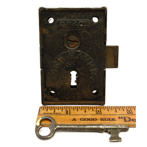 Antique DAVENPORT MALLORY RIM LOCK + Key! "D.M. & CO. NEW HAVEN" c.1861-67 Rare!