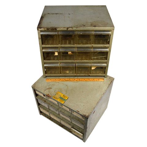 Vintage AKRO-MILS PARTS STORAGE CABINETS Lot of 2 Gray 12-DRAWER BINS 13x11x11"
