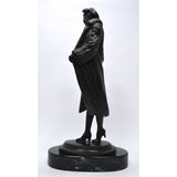 Signed! BRONZE STATUE on Marble Base NUDE WOMAN w/ OVERCOAT by BRUNO ZACH c.1920