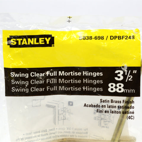 New! STANLEY 'SWING CLEAR FULL MORTISE HINGES' Satin Brass No. S838-698/DPBF248