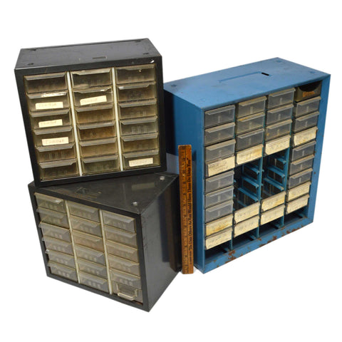 Vintage AKRO-MILS PARTS STORAGE CABINETS Lot of 3 w/ 66-DRAWERS TOTAL & 2 Types
