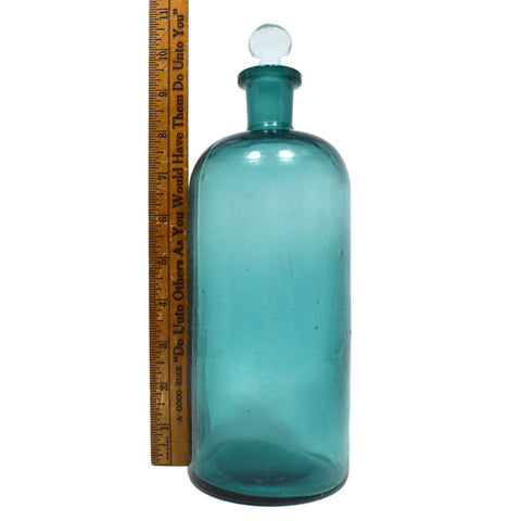 Antique GLASS APOTHECARY JAR Teal Blue-Greenish 9-3/8" DRUG BOTTLE with Stopper!