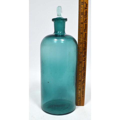 Antique GLASS APOTHECARY JAR Teal Blue-Greenish 9-3/8" DRUG BOTTLE with Stopper!