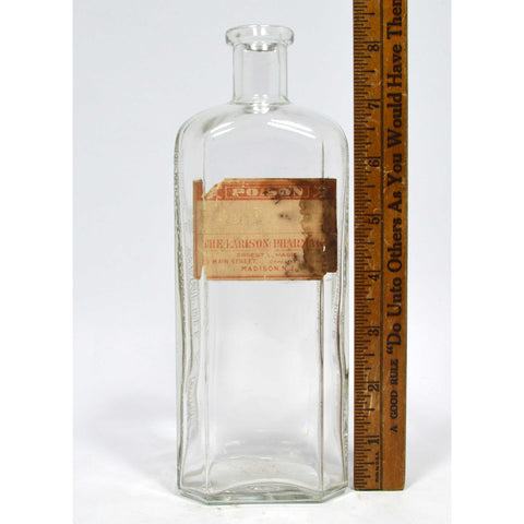 Vintage POISON BOTTLE 8" Clear HENRY K. WAMPOLE w/ LARISON PHARMACY Paper Label