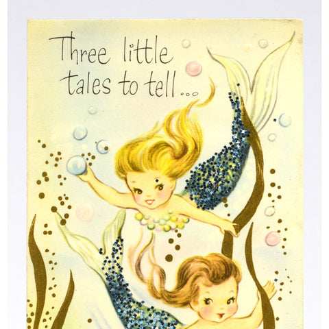 Vintage GET WELL GREETING CARD Unused! GLITTER MERMAIDS "Three little tales..."