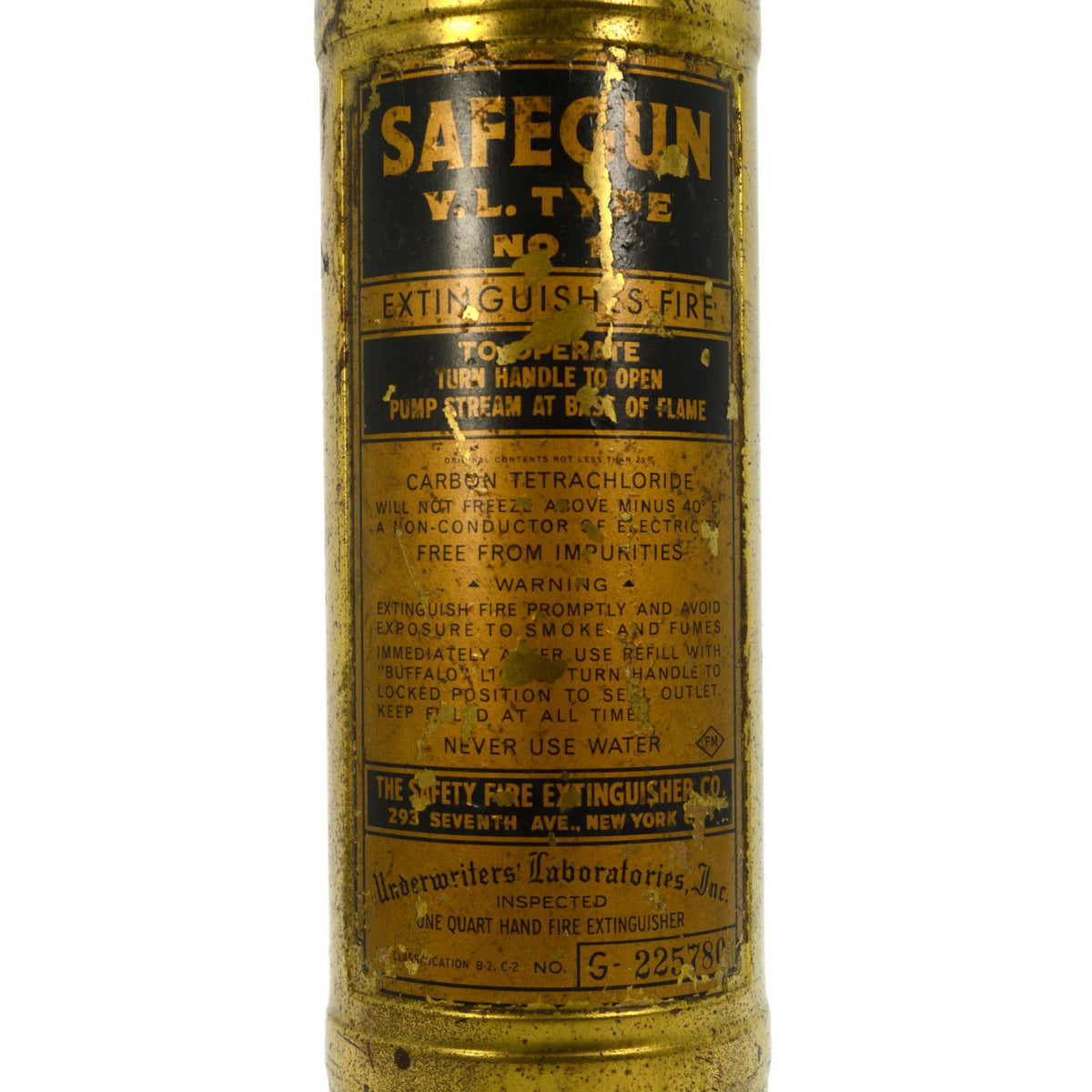 Vintage SAFEGUN V.L. TYPE No. 1 Quart BRASS FIRE EXTINGUISHER