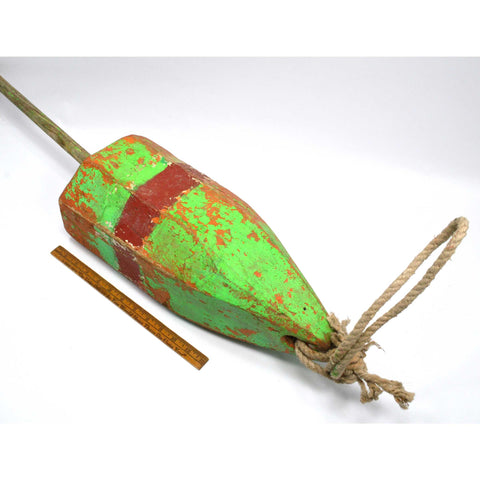 Antique LOBSTER/CRAB POT BUOY Old GREEN ORANGE & RED PAINT on Wood FISHING FLOAT