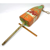 Antique LOBSTER/CRAB POT BUOY Old GREEN ORANGE & RED PAINT on Wood FISHING FLOAT