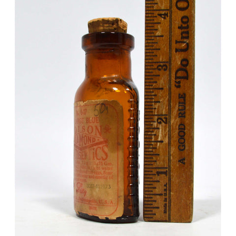 Vintage POISON BOTTLE 3-5/8" Amber LILLY DIAMOND ANTISEPTICS Paper Label + CORK!