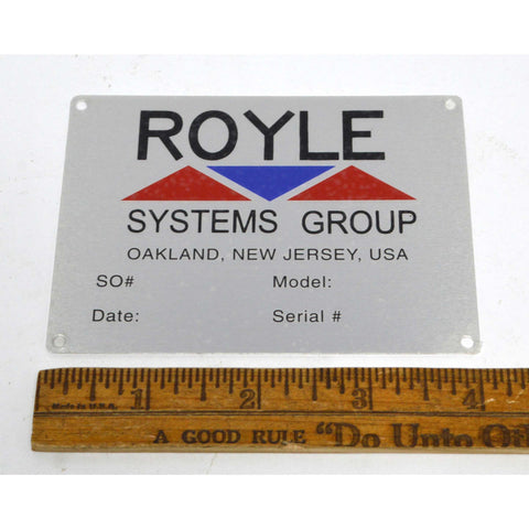 Vintage "ROYLE SYSTEMS GROUP" Aluminum MACHINE TAGS Machinery Nameplate NOS New!