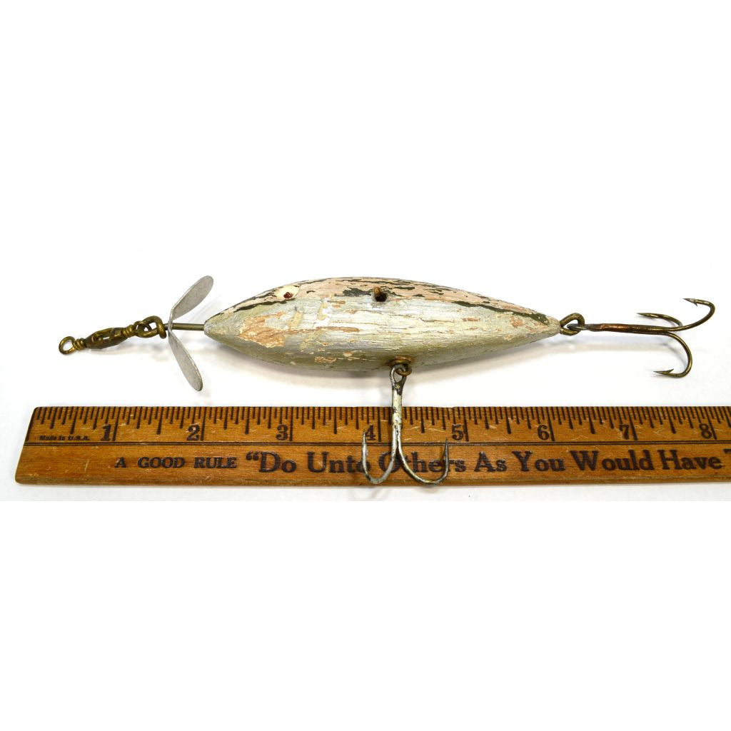 A 5" old wooden fishing lure pike minnow with glass eyes made