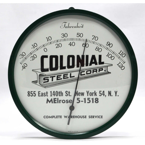 Vintage ADVERTISING THERMOMETER 9" Green & White "COLONIAL STEEL CORP." of NYC