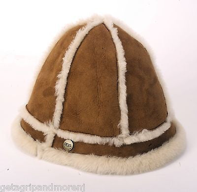 UGG Women's Shearling Sheepskin Leather Chestnut Light Brown Bucket Hat New!