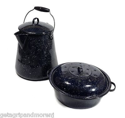 Enamelware Blue and White Speckled Camp Coffee Pot and Cooking Pot