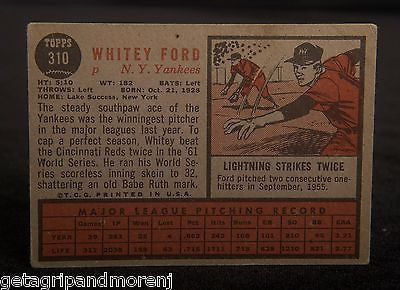 TOPPS WHITEY FORD 1962 #310 Baseball Card In Excellent Condition!