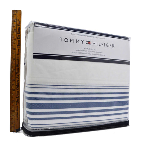 Brand New TOMMY HILFIGER "TWIN XL" SHEET SET White w/ Blue Stripes "X-LONG" 2017