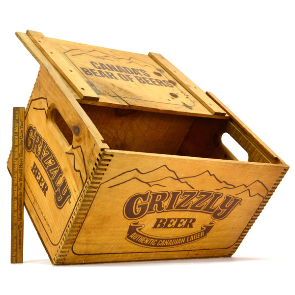 Vintage GRIZZLY BEER CRATE Canadian SLIDE-TOP WOOD BOX Rare IMPORTED FROM CANADA