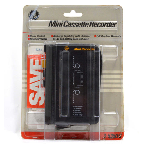 New on Card G.E "MINI-CASSETTE RECORDER" #3-5350S Vintage GENERAL ELECTRIC Black