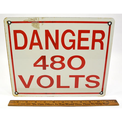 Vintage PORCELAIN WARNING SIGN "DANGER 480 VOLTS" Electrical Caution Notice 9X11
