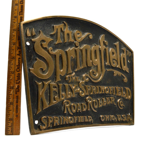 Antique "THE KELLY-SPRINGFIELD ROAD ROLLER CO." Brass Plaque RARE ARCH-TOP SIGN!