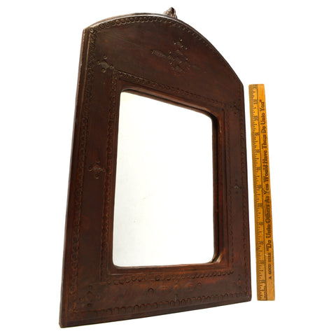 Antique LEATHER-WRAPPED WOOD MIRROR Handmade CUSTOM/HOMEMADE Small 10" x 14.5"