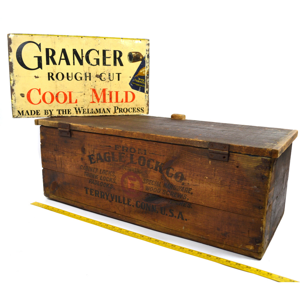 Antique EAGLE LOCK CO SALESMAN CHEST Wood Box + GRANGER TOBACCO ADVERT –  Get A Grip & More