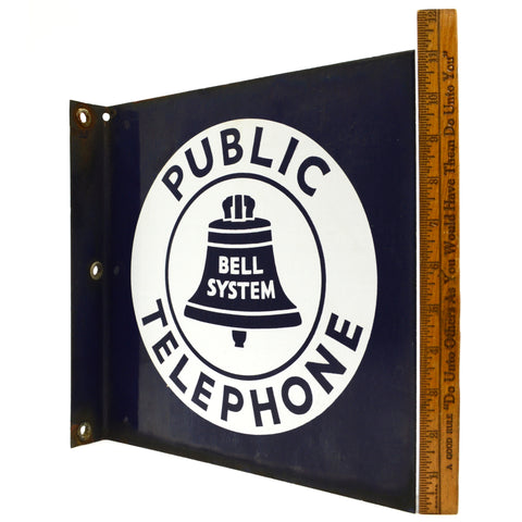 Vintage BELL SYSTEM "PUBLIC TELEPHONE" Double-Sided FLANGE SIGN 11x11" Porcelain