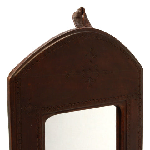 Antique LEATHER-WRAPPED WOOD MIRROR Handmade CUSTOM/HOMEMADE Small 10" x 14.5"