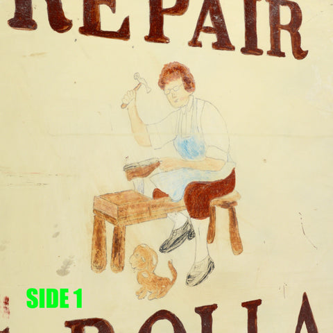 Vintage HAND-PAINTED "SHOE REPAIR" COBBLER SIGN Double-Sided Steel "H.C ROLLAND"