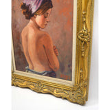 Original Art OIL ON PAINTING Vintage SIGNED "ALFIERI" Head Scarf NUDE BACK WOMAN