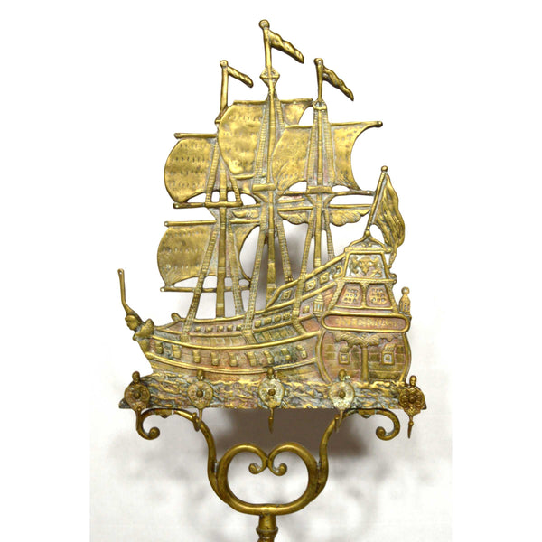 Antique NAUTICAL BRASS FIREPLACE RACK w/ 2 Tools "DON FERNANDO" SHIP H