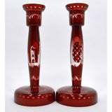 Vintage RUBY RED CRYSTAL CANDLESTICKS 8.75" Cut-to-Clear STAG & CASTLE Lot of 2