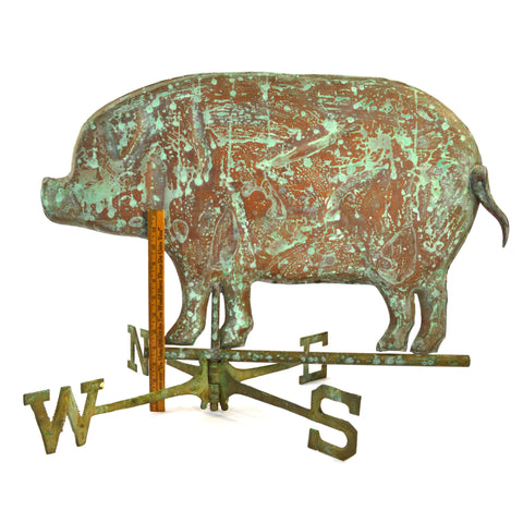 Vintage COPPER FULL-BODY PIG WEATHERVANE Pole/Ball/Directionals *FAUX VERDIGRIS*