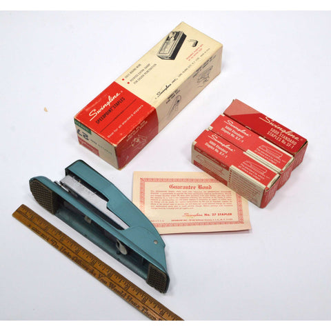 Vintage SWINGLINE No. 27 STAPLER "Green" but looks blue COMPLETE IN BOX +Staples