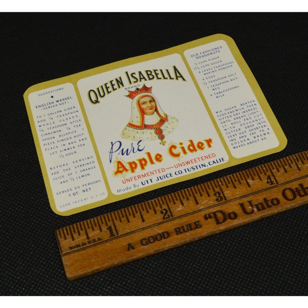 Vintage PAPER LABEL "QUEEN ISABELLA PURE APPLE CIDER" by UTT JUICE CO. Tustin CA
