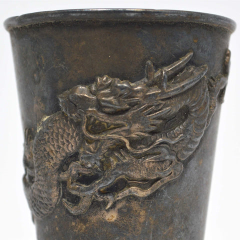 VTG/Antique ASIAN HALLMARKED PEWTER CUP Metal Shot Glass EMBOSSED ORNATE DRAGON!