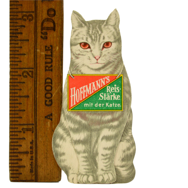 Vintage CARDBOARD DIECUT CAT Promo Ad "HOFFMANN'S REIS-STARKE" Rice Starch GRAY