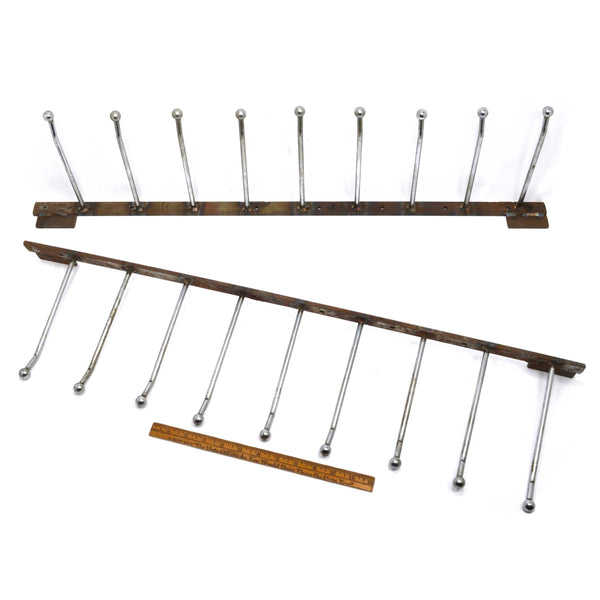 Vintage HEAVY-DUTY STEEL COAT RACKS Lot of 2, each w/ 9-RODS/HOOKS Wall Mounted