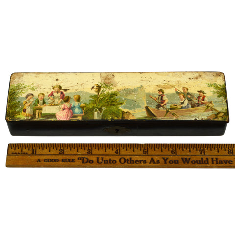 Antique ENAMELED PEN-PENCIL-ARTIST'S WOOD BOX Litho Lid w/ KIDS IN NATURE MOTIF