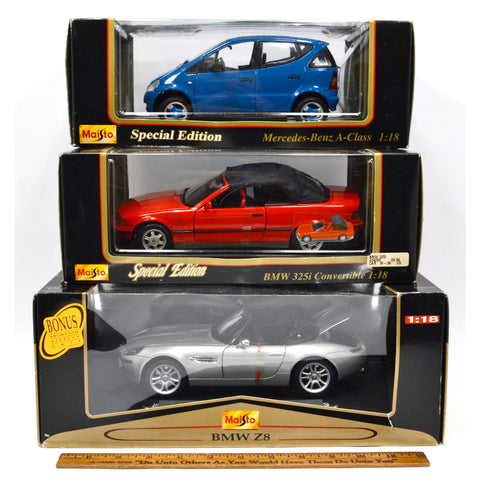 Lot of 3 MAISTO DIECAST CARS 1:18 Scale BMW Z8+325i CONVERTIBLE Mercedes A-Class