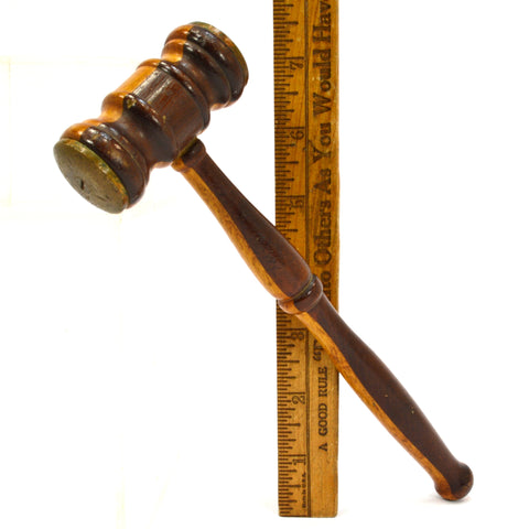 Antique 2-TONE TURNED HARDWOOD GAVEL Mahogany & Oak? BRASS FACE-PLATES Gorgeous!