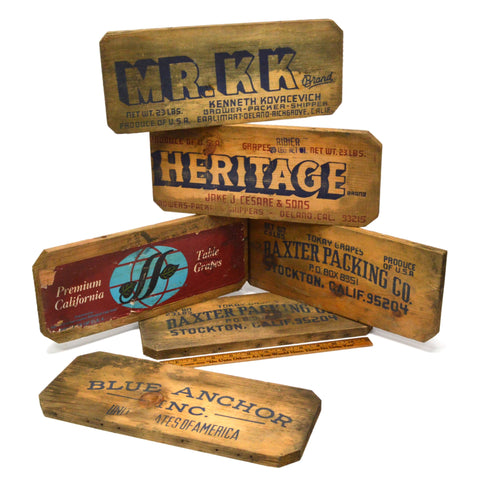 Antique FRUIT BOX LABEL Lot of 6 WOOD & PAPER LABELS Salvaged Crate Advertising